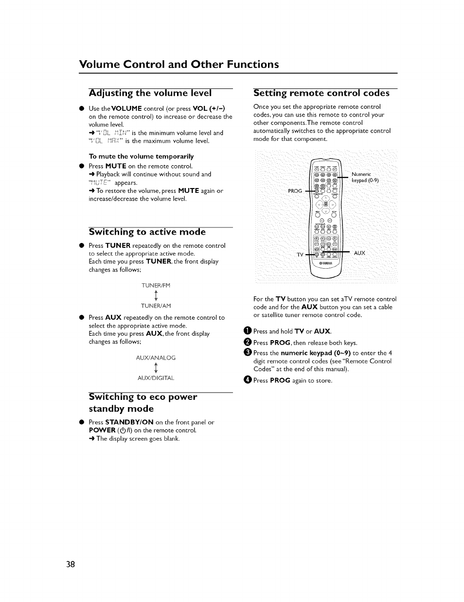 Adjusting the volume level, Setting remote control codes, Switching to active mode | Switching to eco power standby mode, Volume control and other functions | Yamaha CINEMASTATION NX-C300 User Manual | Page 42 / 53