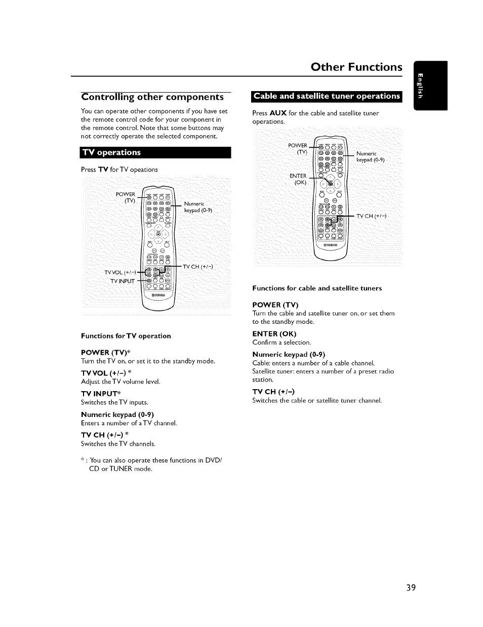 Controlling other components, Tv operations, Cable and satellite tuner operations | Cable and satélite tuner operations, Other functions | Yamaha CINEMASTATION NX-C300 User Manual | Page 43 / 53