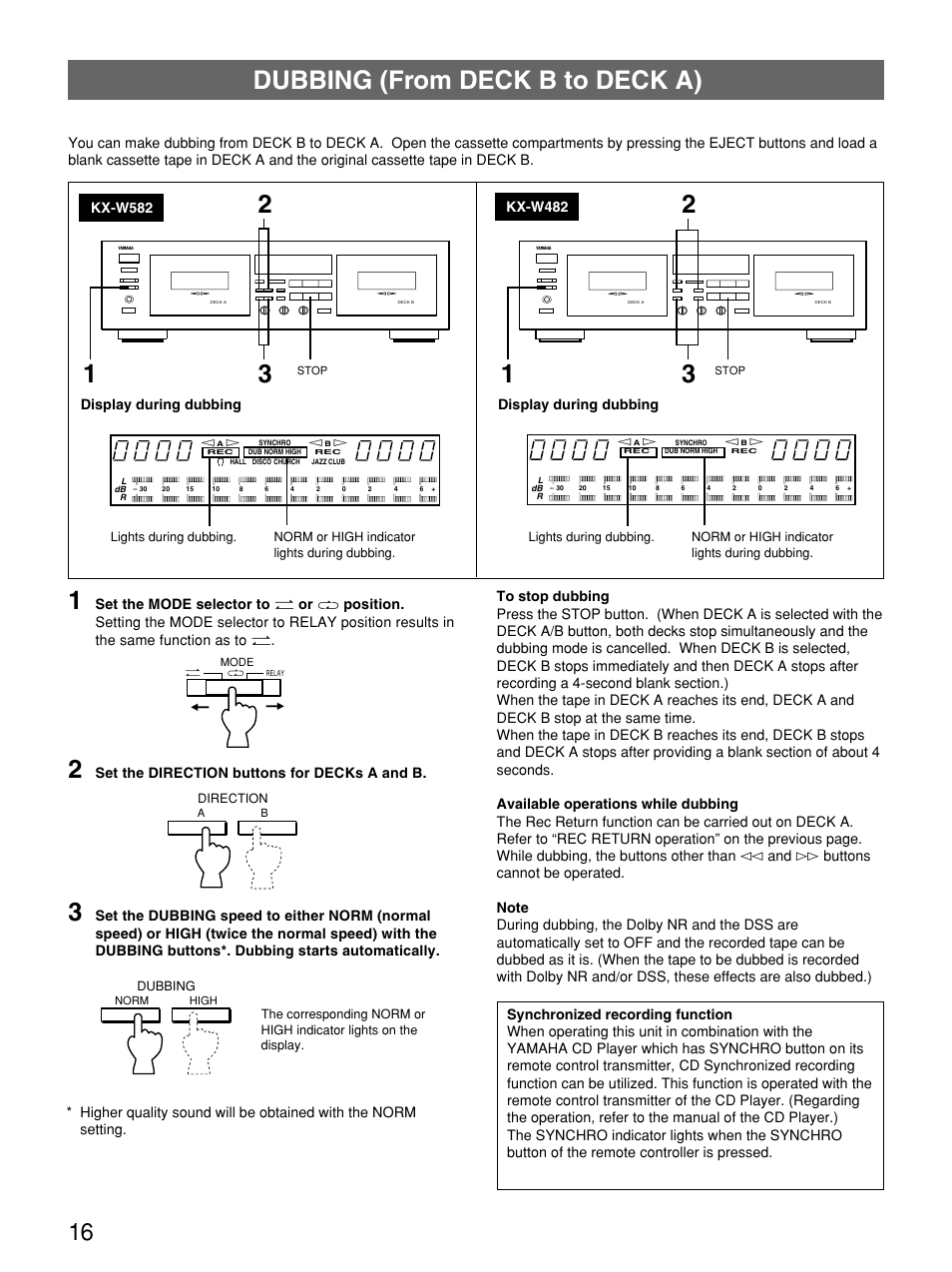 Dubbing, Dubbing (from deck b to deck a) | Yamaha KX W482 User Manual | Page 16 / 20