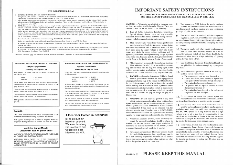 D please keep this manual, Important safety instructions, Alleen voor klanten in nederland | Yamaha disklavier Mark II XG Series User Manual | Page 2 / 14