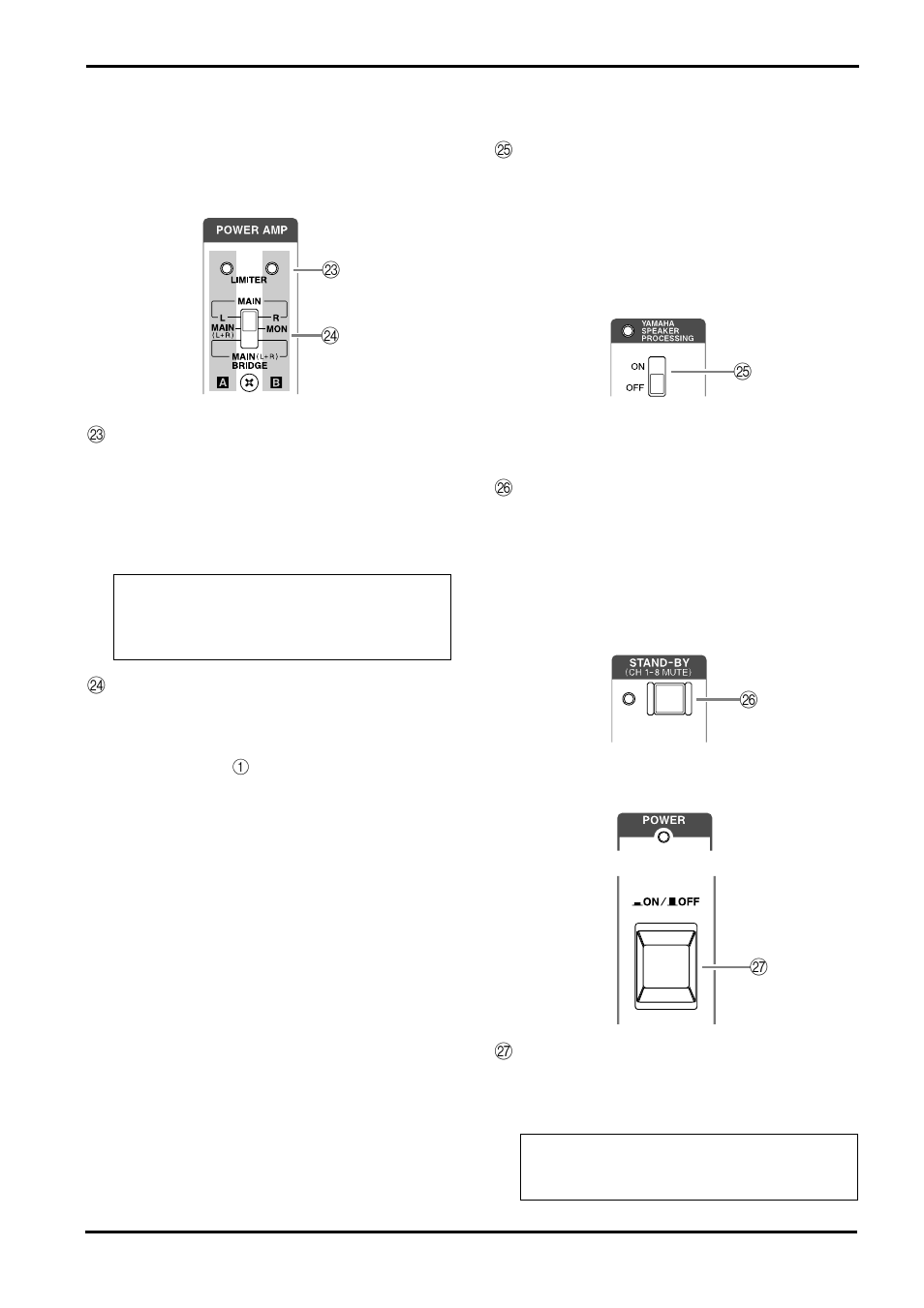 N power amp section, N yamaha speaker processing, N stand-by | N power switch and indicator, Yamaha speaker processing, Stand-by, Power switch and indicator | Yamaha EMX68s User Manual | Page 15 / 34