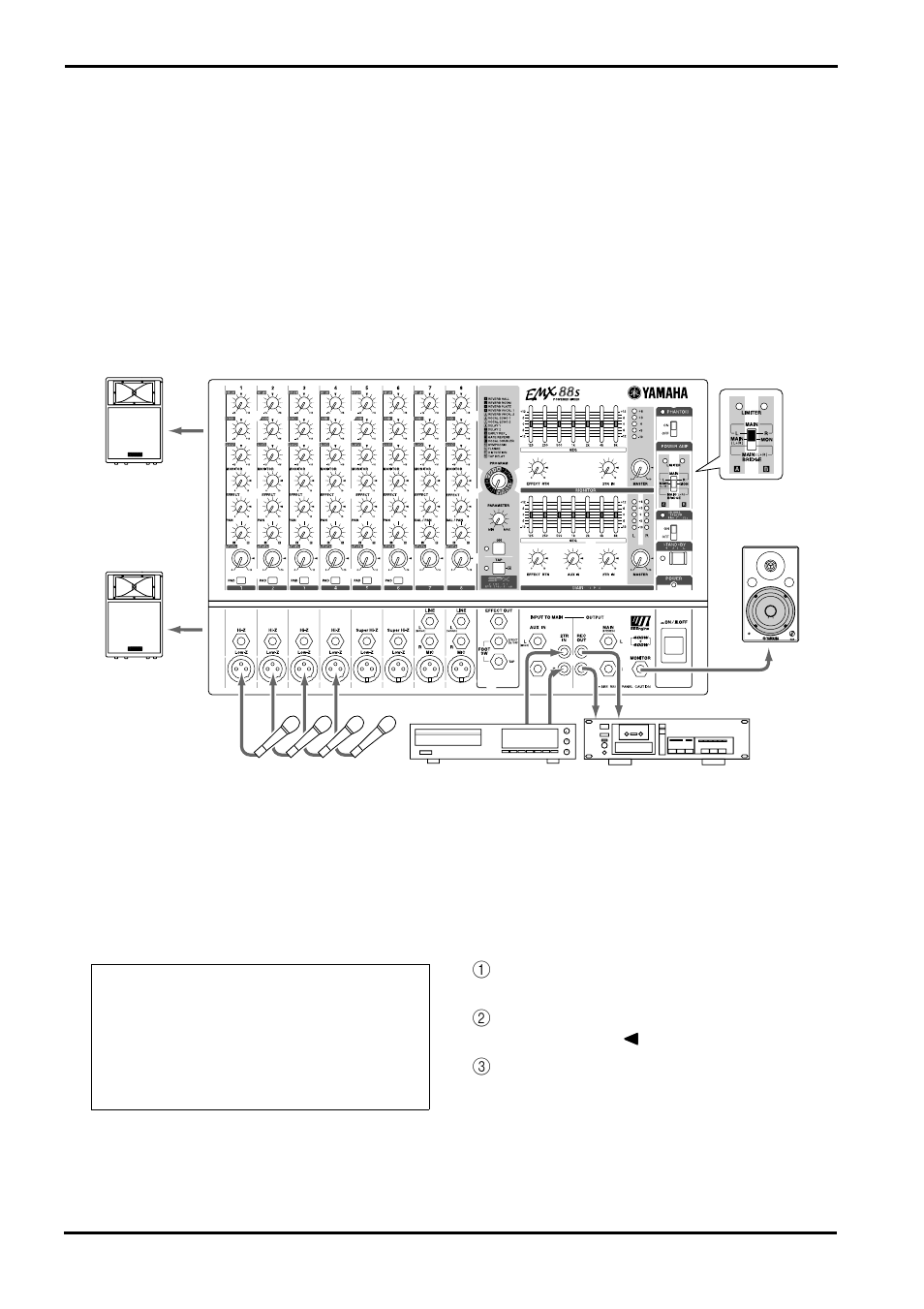 Example setups, As a conference pa system/installed sound system, Connections | Playing back a cd player | Yamaha EMX68s User Manual | Page 24 / 34