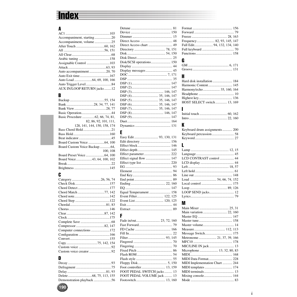 Index | Yamaha 9000 Pro User Manual | Page 190 / 250