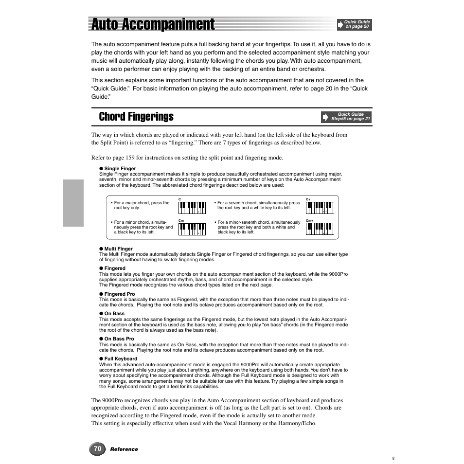 Auto accompaniment, Chord fingerings | Yamaha 9000 Pro User Manual | Page 70 / 250