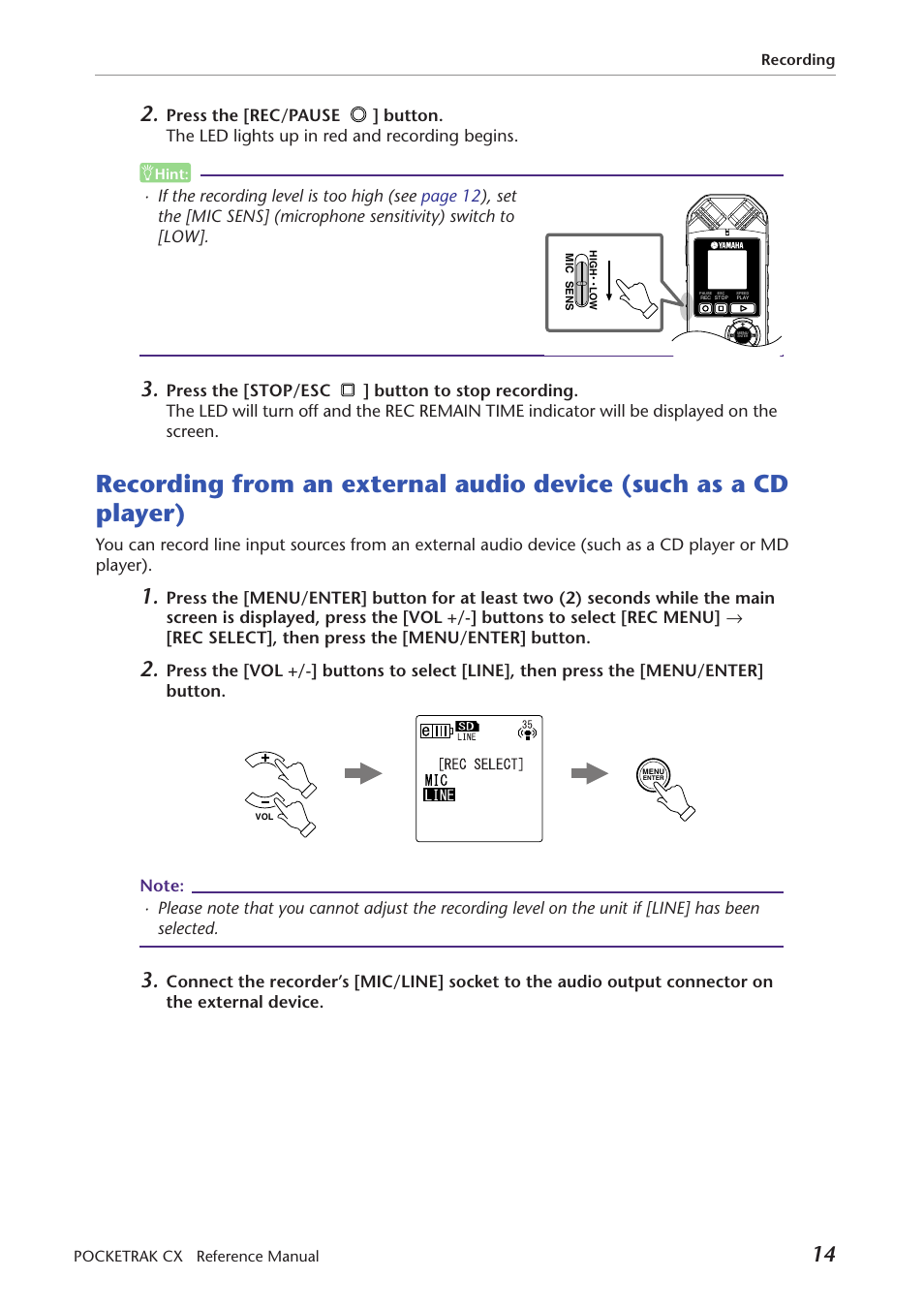 Recording from an external audio device, Such as a cd player) | Yamaha Pocket Recorder User Manual | Page 14 / 83