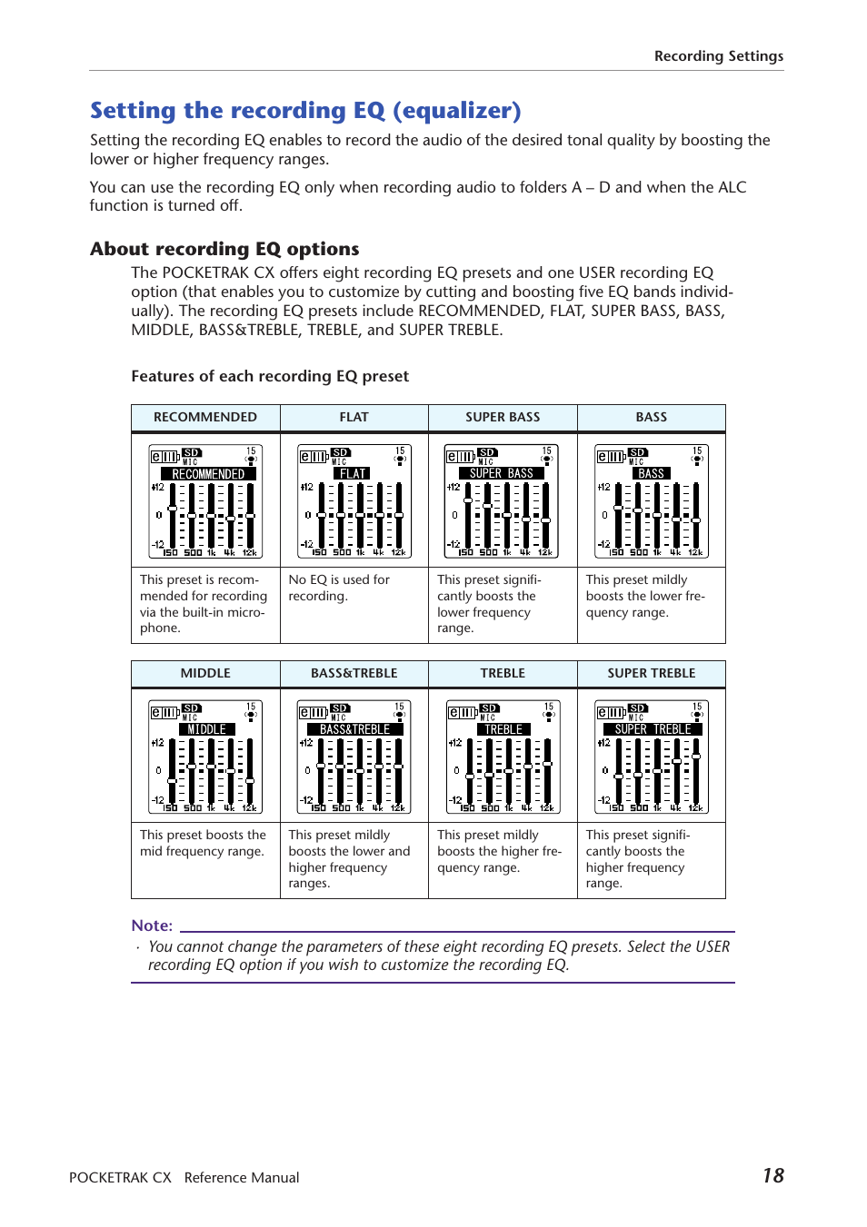 Setting the recording eq (equalizer), About recording eq options | Yamaha Pocket Recorder User Manual | Page 18 / 83