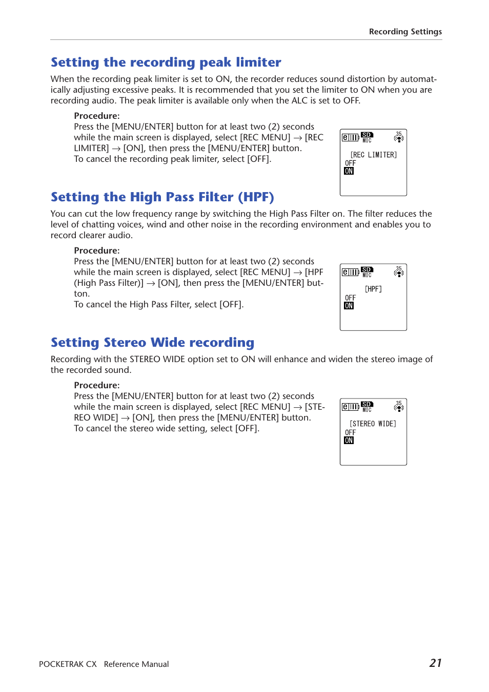 Setting the recording peak limiter, Setting the high pass filter (hpf), Setting stereo wide recording | When using the wind screen | Yamaha Pocket Recorder User Manual | Page 21 / 83