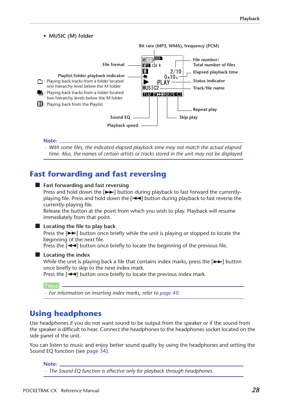 Fast forwarding and fast reversing, Using headphones | Yamaha Pocket Recorder User Manual | Page 28 / 83