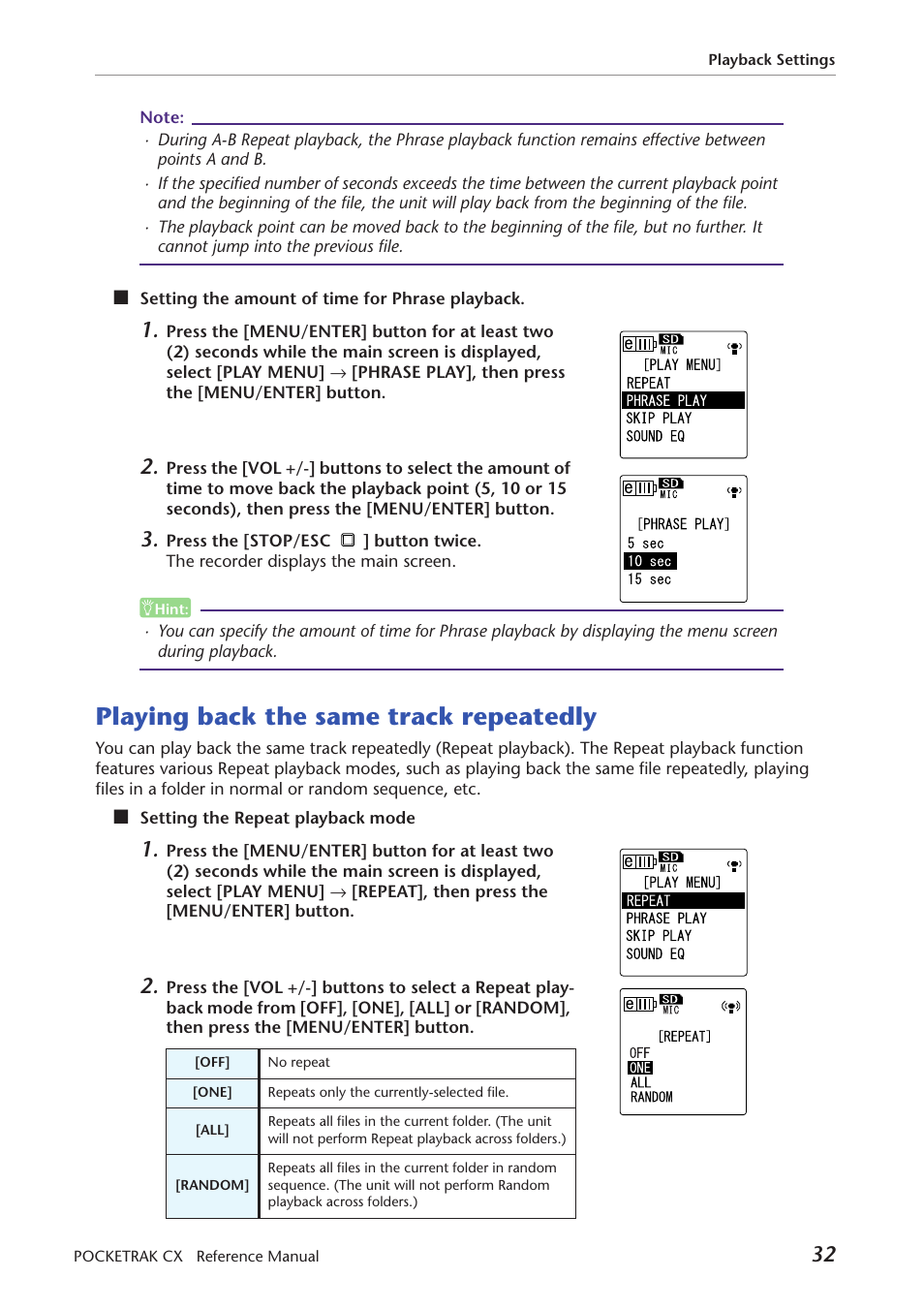 Playing back the same track repeatedly | Yamaha Pocket Recorder User Manual | Page 32 / 83