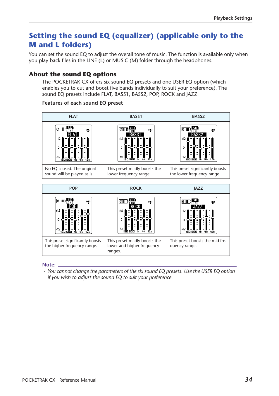 About the sound eq options, Setting the sound eq (equalizer), Applicable only to the m and l folders) | Yamaha Pocket Recorder User Manual | Page 34 / 83