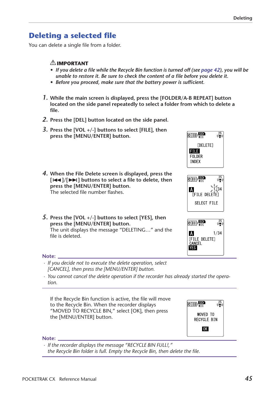 Deleting a selected file | Yamaha Pocket Recorder User Manual | Page 45 / 83