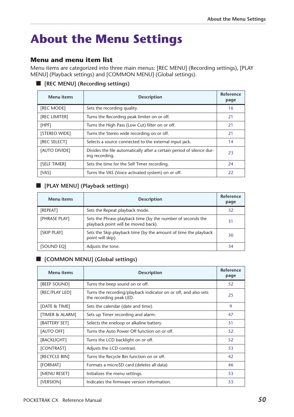 About the menu settings, Menu and menu item list | Yamaha Pocket Recorder User Manual | Page 50 / 83