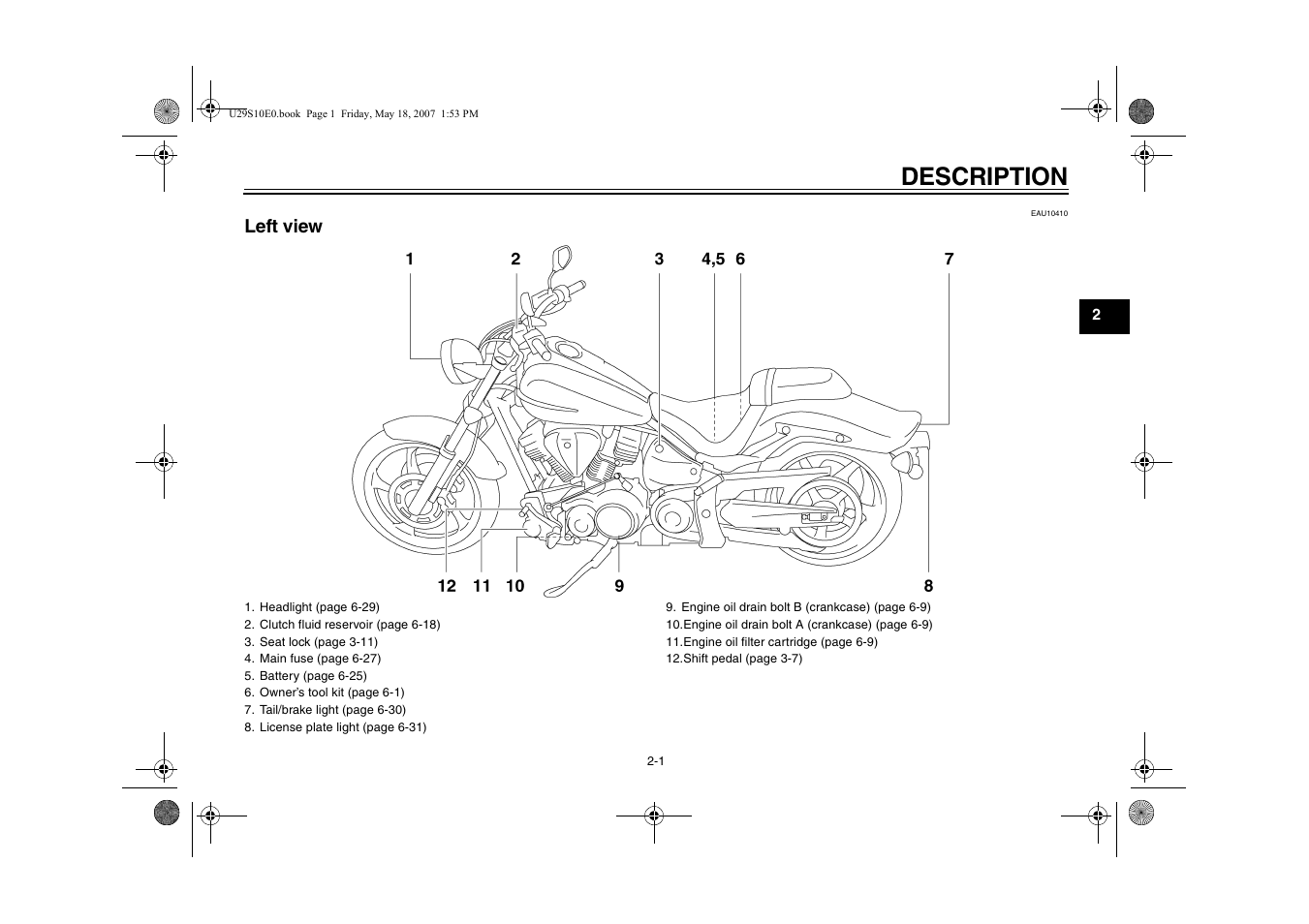 Description, Left view, Left view -1 | Yamaha STAR XV19CX(C) User Manual | Page 15 / 96