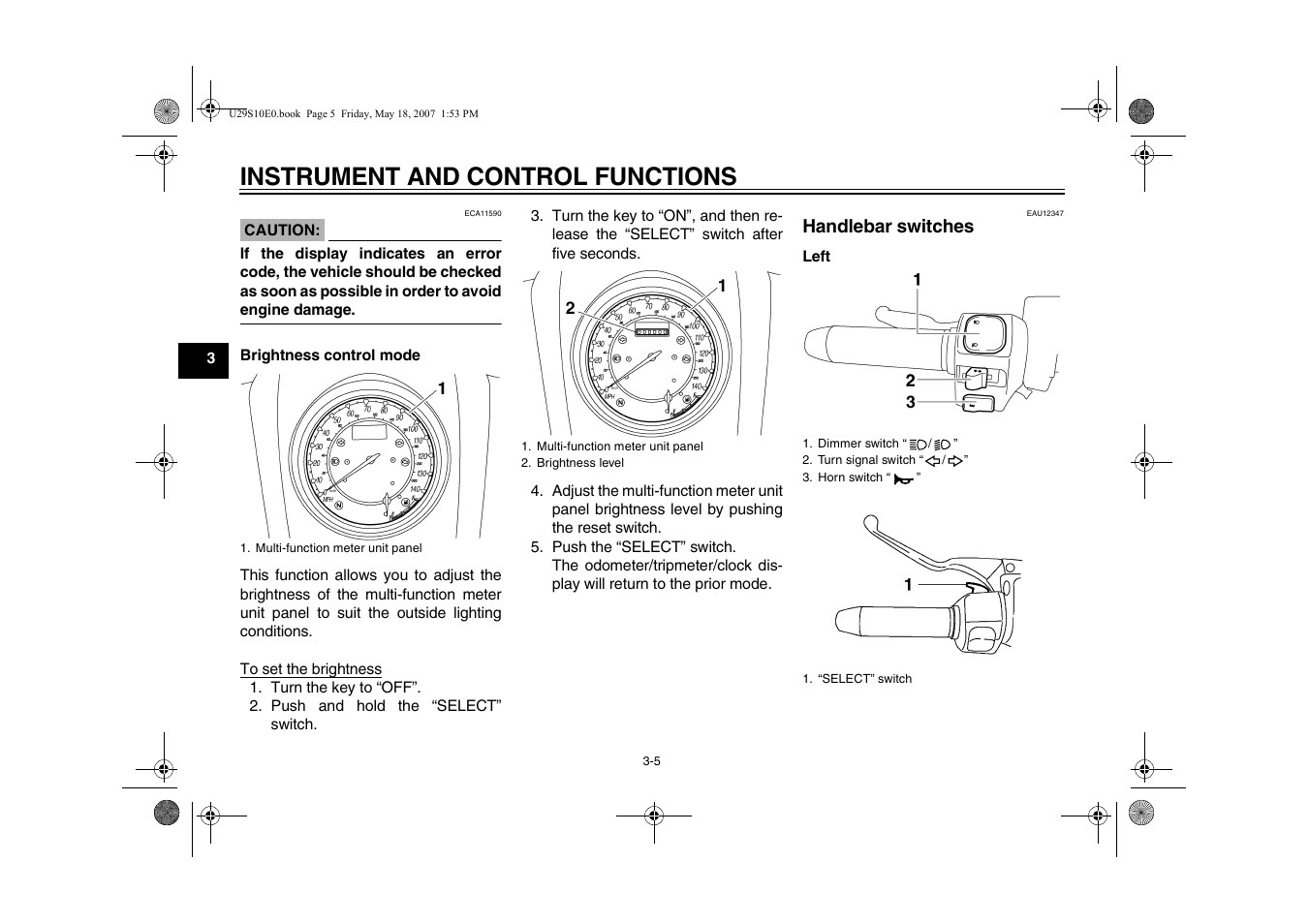 Handlebar switches -5, Instrument and control functions | Yamaha STAR XV19CX(C) User Manual | Page 22 / 96