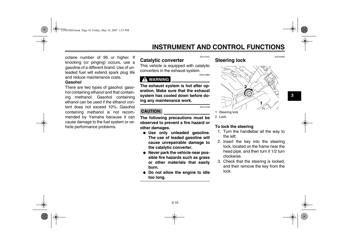 Catalytic converter -10 steering lock -10, Instrument and control functions | Yamaha STAR XV19CX(C) User Manual | Page 27 / 96