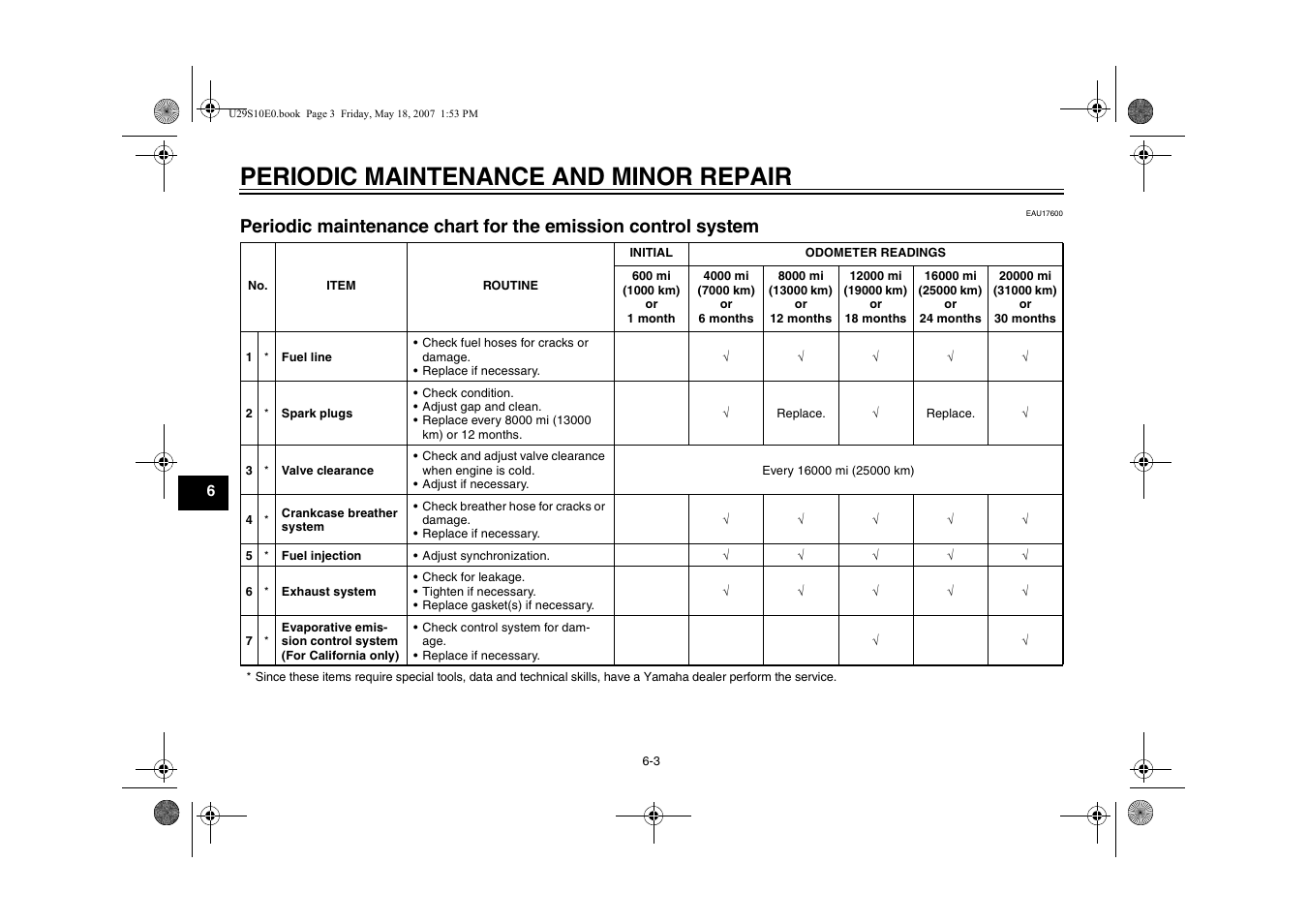 Periodic maintenance chart for, The emission control system -3, Periodic maintenance and minor repair | Yamaha STAR XV19CX(C) User Manual | Page 44 / 96