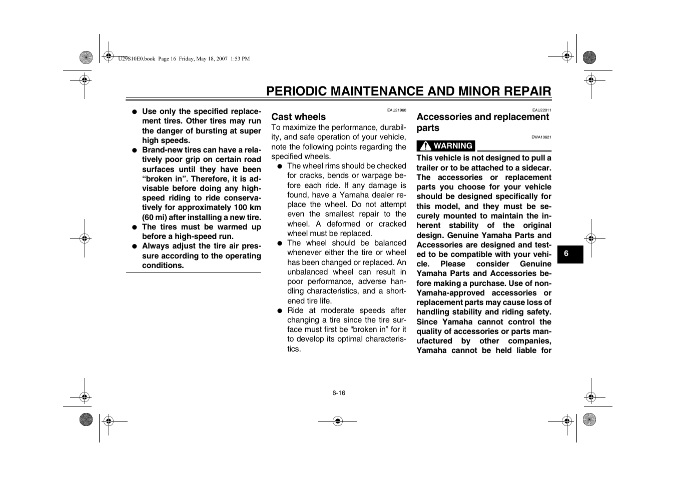 Cast wheels -16 accessories and replacement, Parts -16, Periodic maintenance and minor repair | Yamaha STAR XV19CX(C) User Manual | Page 57 / 96