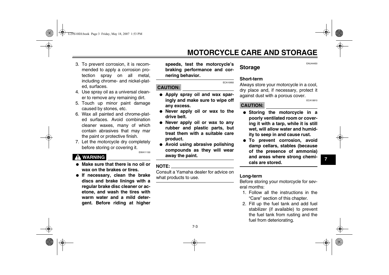 Storage -3, Motorcycle care and storage | Yamaha STAR XV19CX(C) User Manual | Page 77 / 96