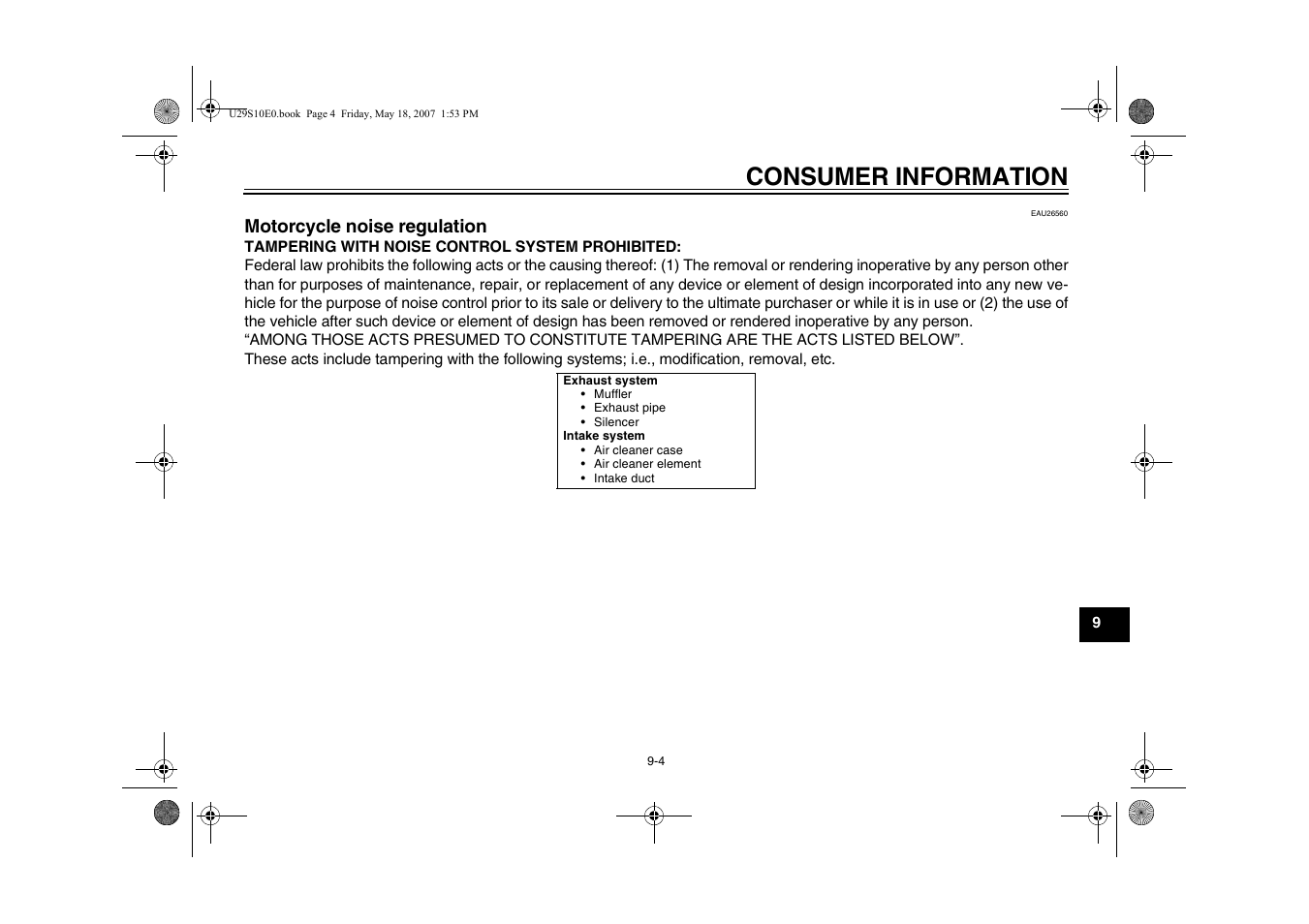 Motorcycle noise regulation -4, Consumer information, Motorcycle noise regulation | Yamaha STAR XV19CX(C) User Manual | Page 85 / 96