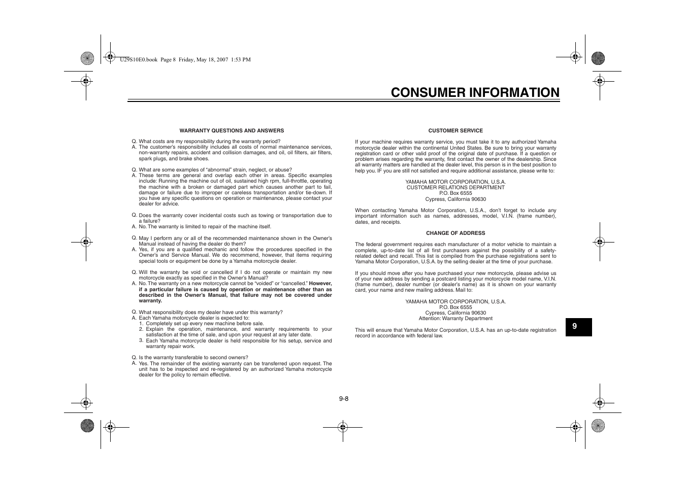 Consumer information | Yamaha STAR XV19CX(C) User Manual | Page 89 / 96