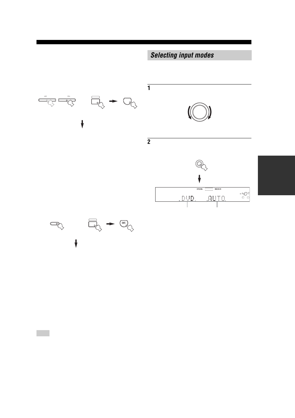 Selecting input modes, 2ch stereo, Straight | Downmixing to 2 channels, Listening to unprocessed input signals, Virtual cinema dsp | Yamaha RX-V457 User Manual | Page 35 / 88