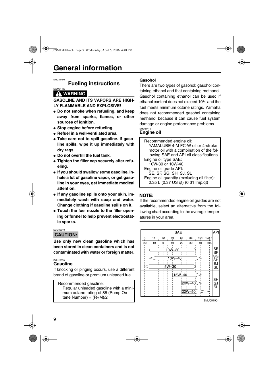 Fueling instructions, Gasoline engine oil, General information | Yamaha F25 User Manual | Page 14 / 66