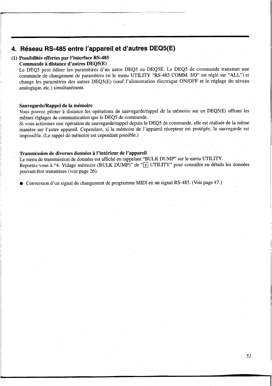 Réseau rs-485 entre l’appareil et d’autres deq5(e), Sauvegarde/rappel de la mémoire | Yamaha DEQ5 User Manual | Page 118 / 191