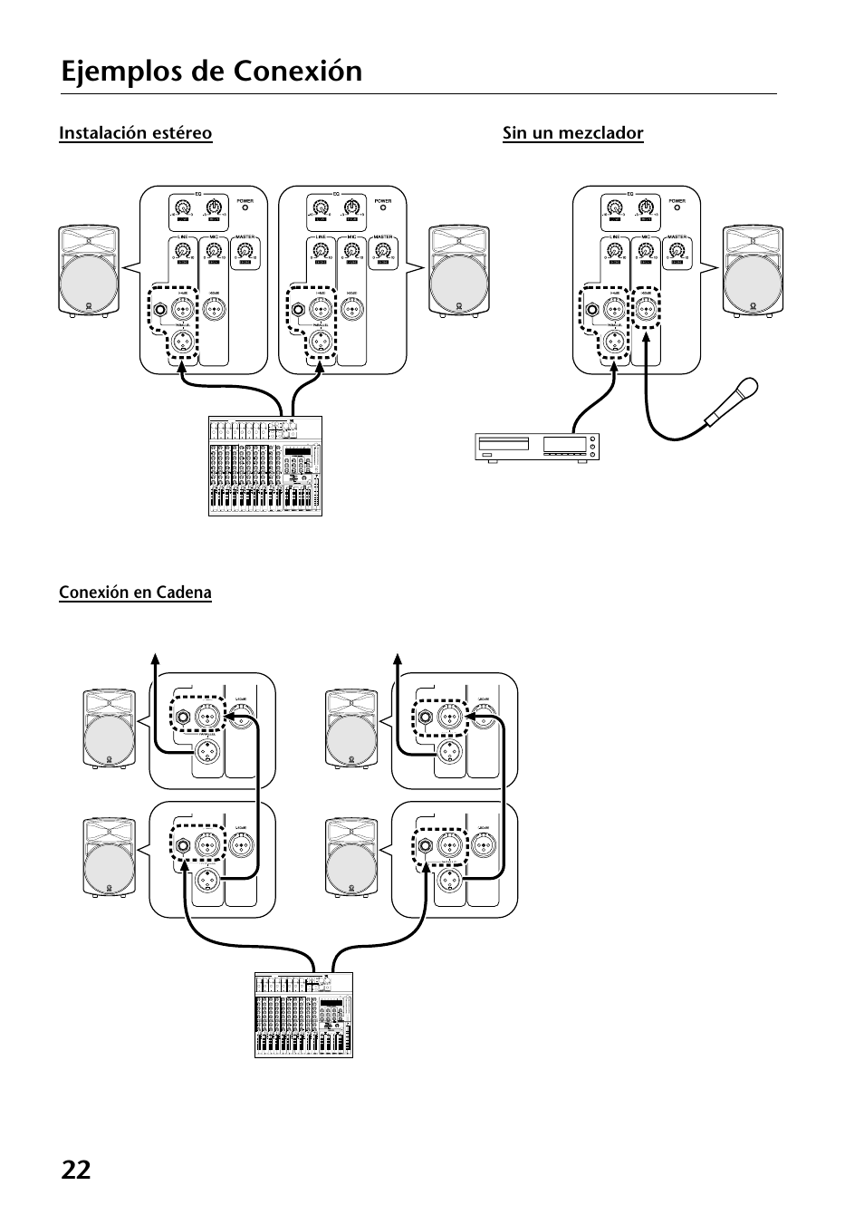 Ejemplos de conexión, Mezclador al siguiente altavoz, Al siguiente altavoz | Salida de línea | Yamaha MS400 User Manual | Page 22 / 24