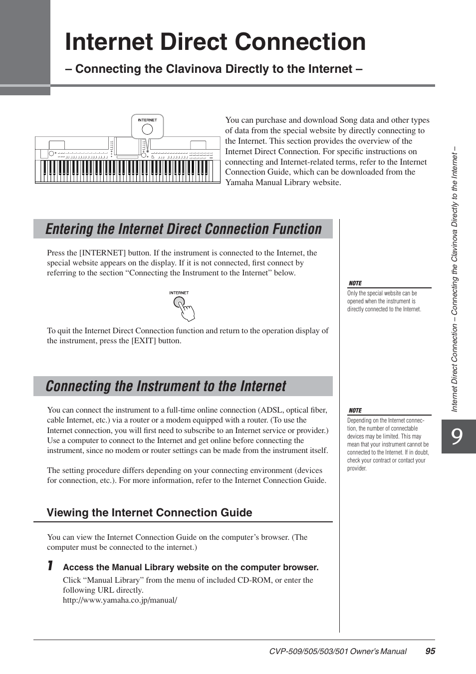 Entering the internet direct connection function, Connecting the instrument to the internet, 9 internet direct connection | Internet direct connection, Connecting the clavinova directly to the internet | Yamaha CLAVINOVA CVP-505 User Manual | Page 95 / 138