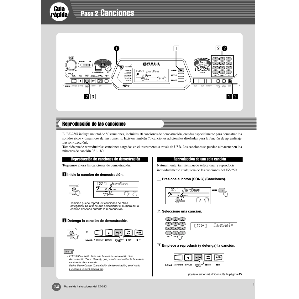 Paso 2 canciones, Reproducción de las canciones, Canciones | Guía rápida, Paso 2 | Yamaha Portatone EZ-250i User Manual | Page 14 / 87