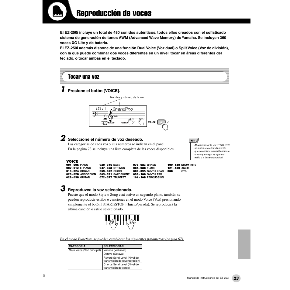 Reproducción de voces, Tocar una voz | Yamaha Portatone EZ-250i User Manual | Page 23 / 87