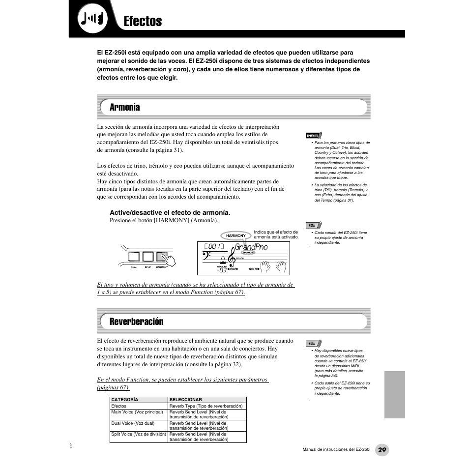 Efectos, Armonía, Reverberación | Armonía • reverberación, Grandpno | Yamaha Portatone EZ-250i User Manual | Page 29 / 87