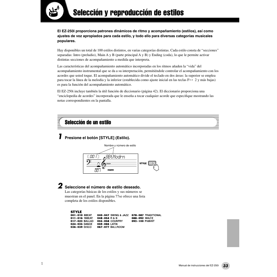Selección y reproducción de estilos, Selección de un estilo | Yamaha Portatone EZ-250i User Manual | Page 33 / 87