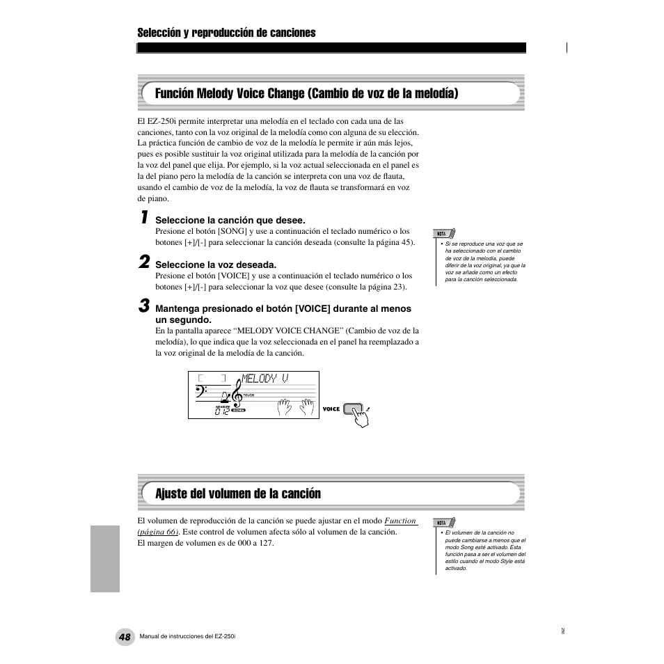 Ajuste del volumen de la canción, Función melody voice change, Cambio de voz de la melodía) | Selección y reproducción de canciones | Yamaha Portatone EZ-250i User Manual | Page 48 / 87