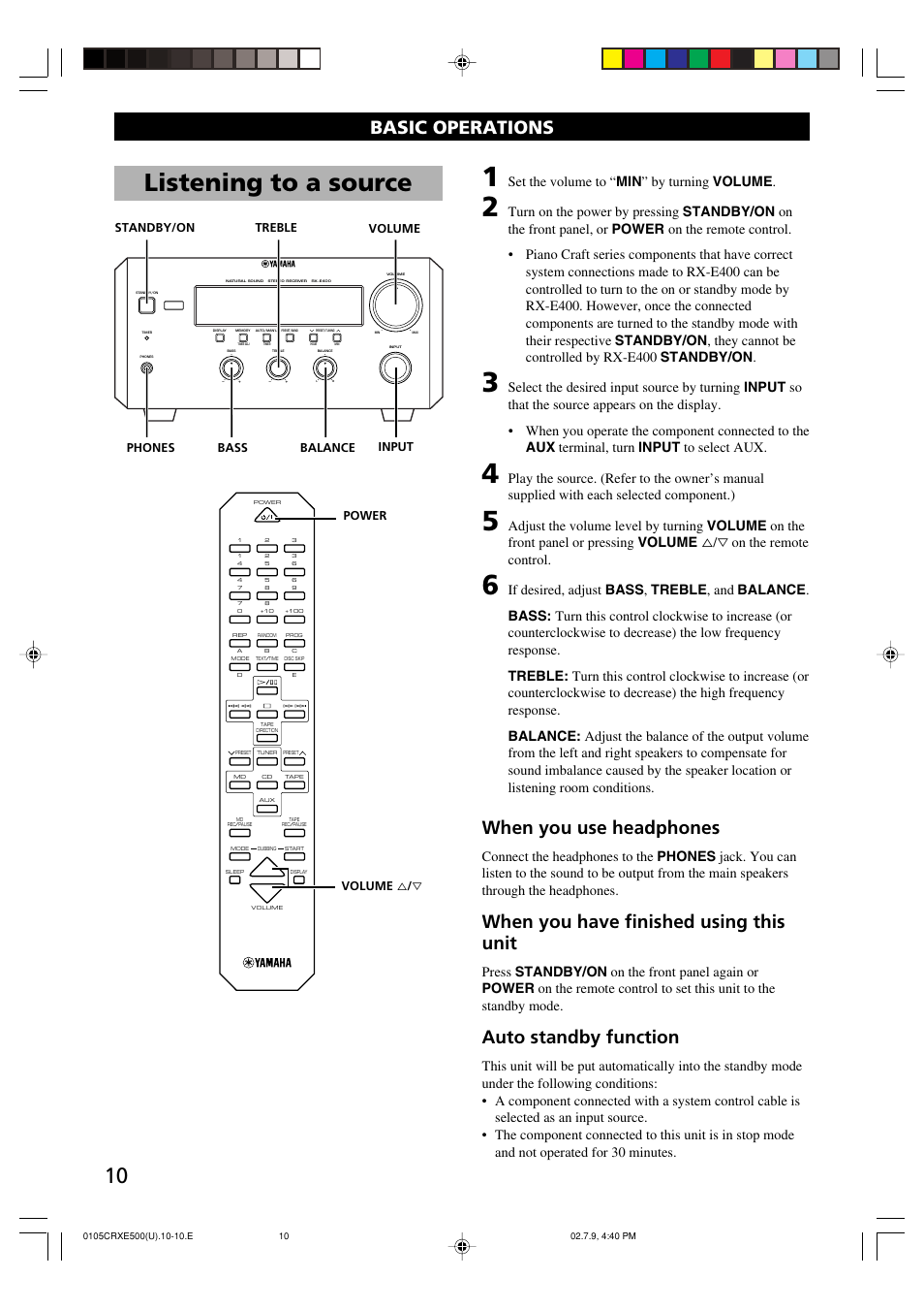 Basic operations, Listening to a source, When you use headphones | When you have finished using this unit, Auto standby function, Set the volume to “ min ” by turning volume | Yamaha CRX-E500 User Manual | Page 14 / 31