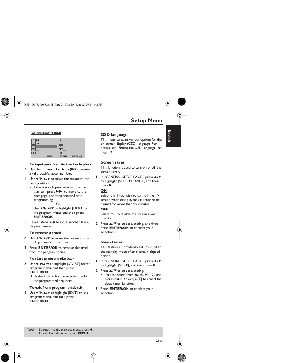 Osd language, Screen saver, Sleep timer | Setup menu | Yamaha DV-S5950 User Manual | Page 27 / 47