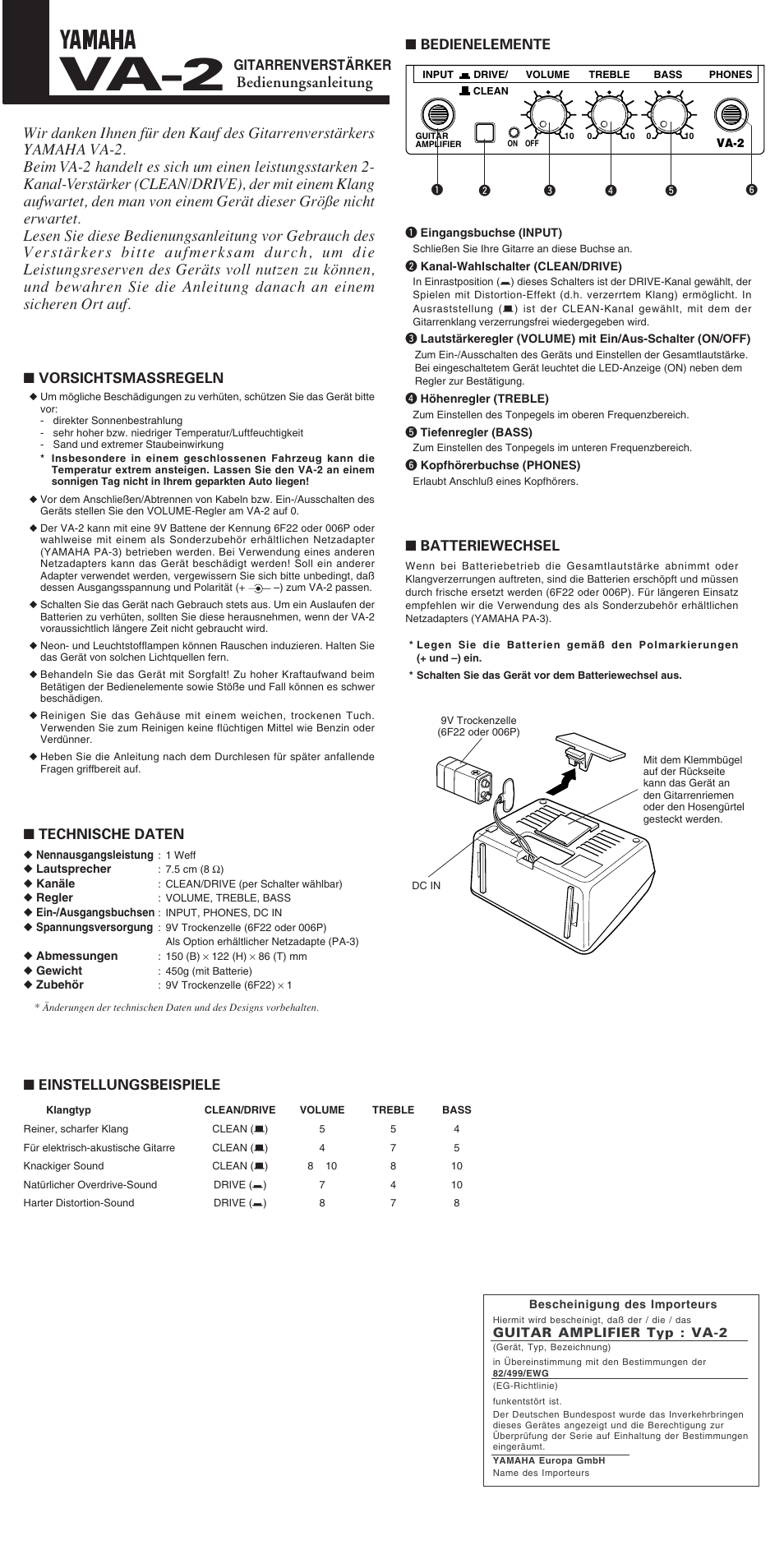 Va-2, Gitarrenverstärker, Bedienelemente | Batteriewechsel, Vorsichtsmassregeln, Einstellungsbeispiele, Technische daten | Yamaha VA2 User Manual | Page 4 / 4