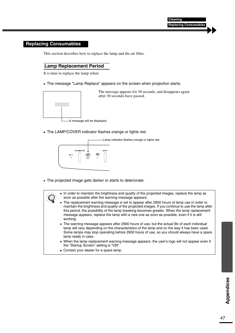 Replacing consumables, Lamp replacement period, P.47 | Appendices, Replacing consumables lamp replacement period | Yamaha LPX-500 User Manual | Page 50 / 80
