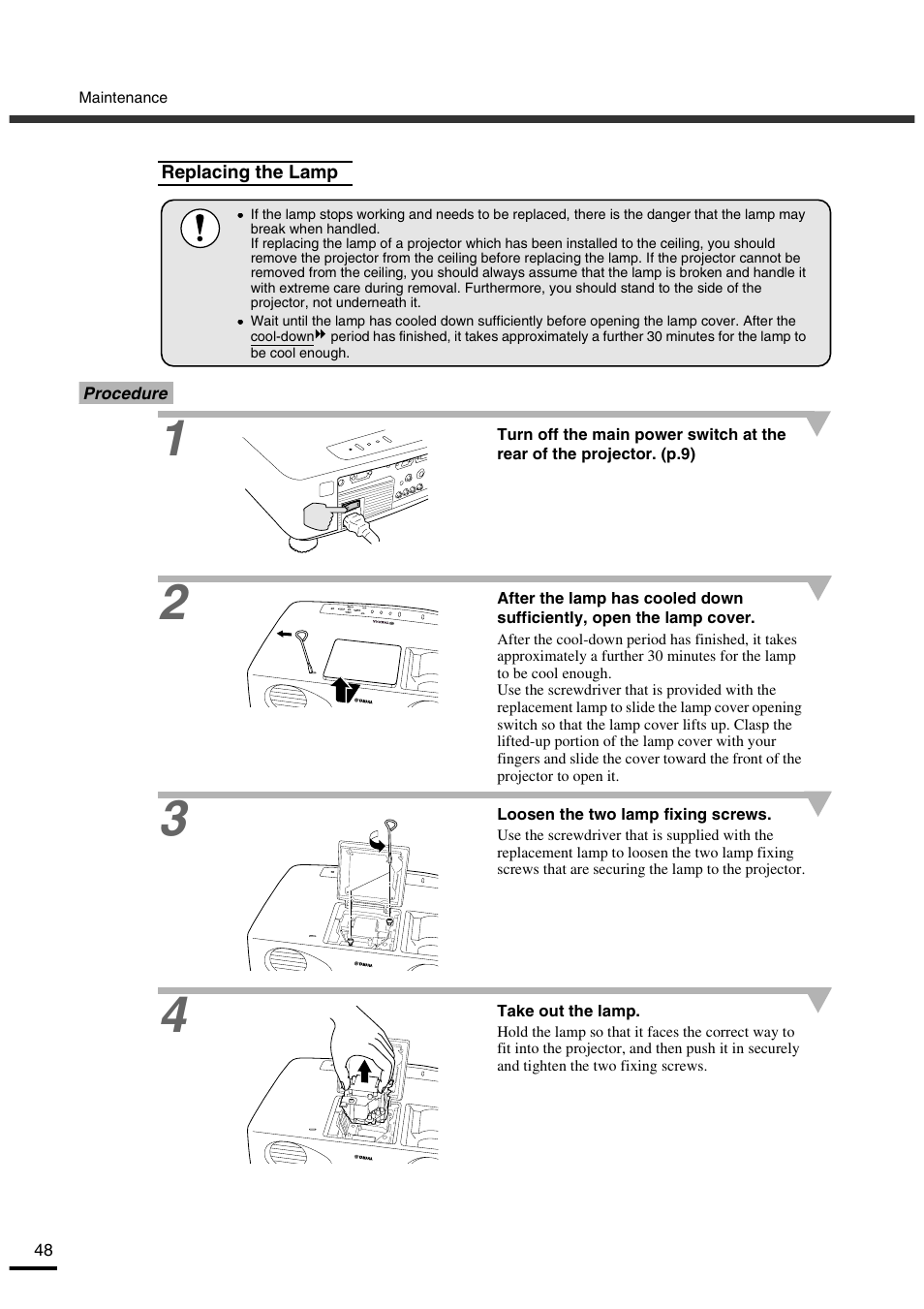 Replacing the lamp, P.48 | Yamaha LPX-500 User Manual | Page 51 / 80