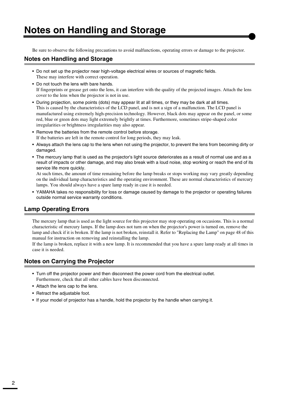 Notes on handling and storage, Lamp operating errors | Yamaha LPX-500 User Manual | Page 7 / 80