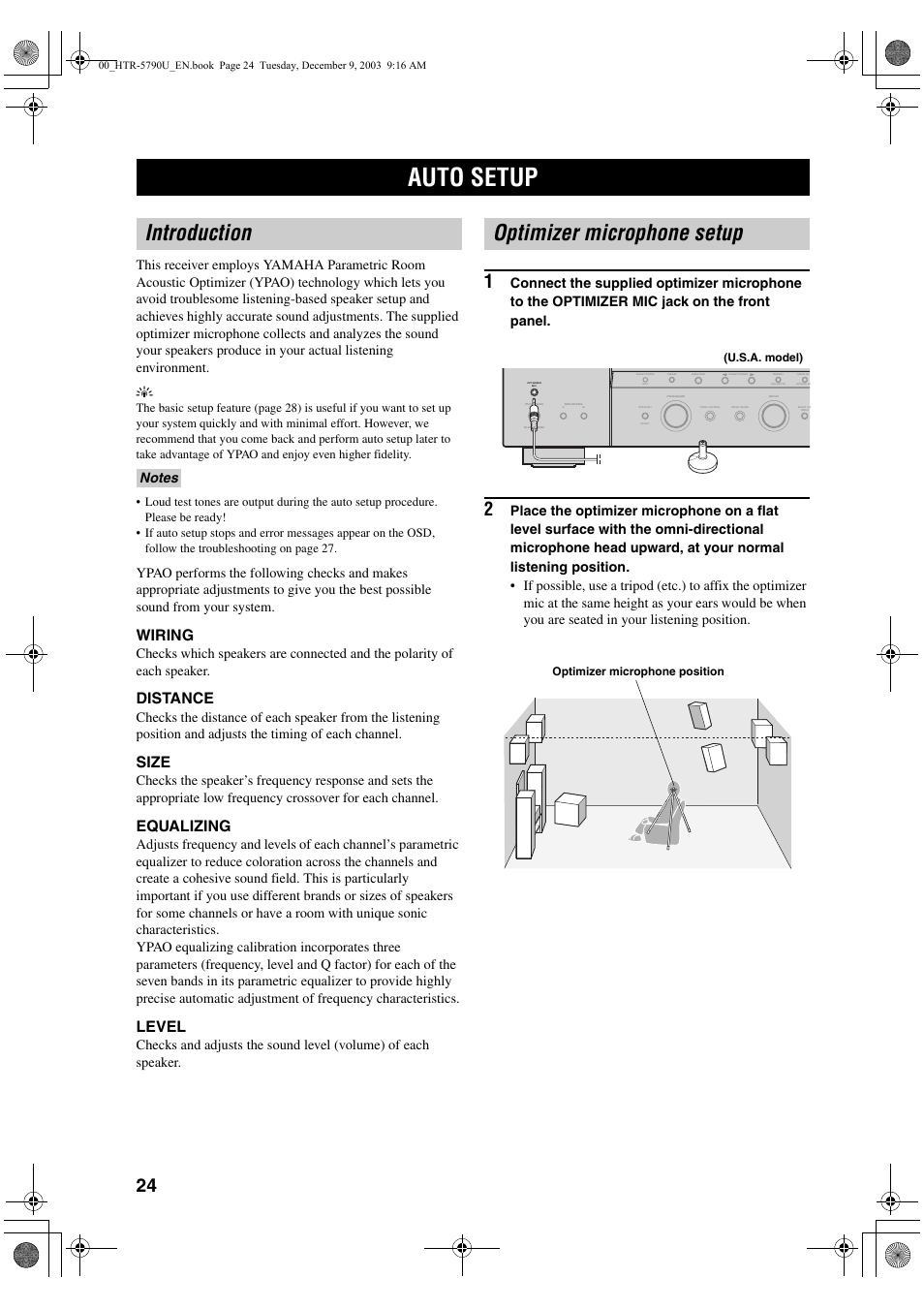 Auto setup, Introduction, Optimizer microphone setup | Wiring, Distance, Size, Equalizing, Level | Yamaha HTR-5790 User Manual | Page 28 / 90