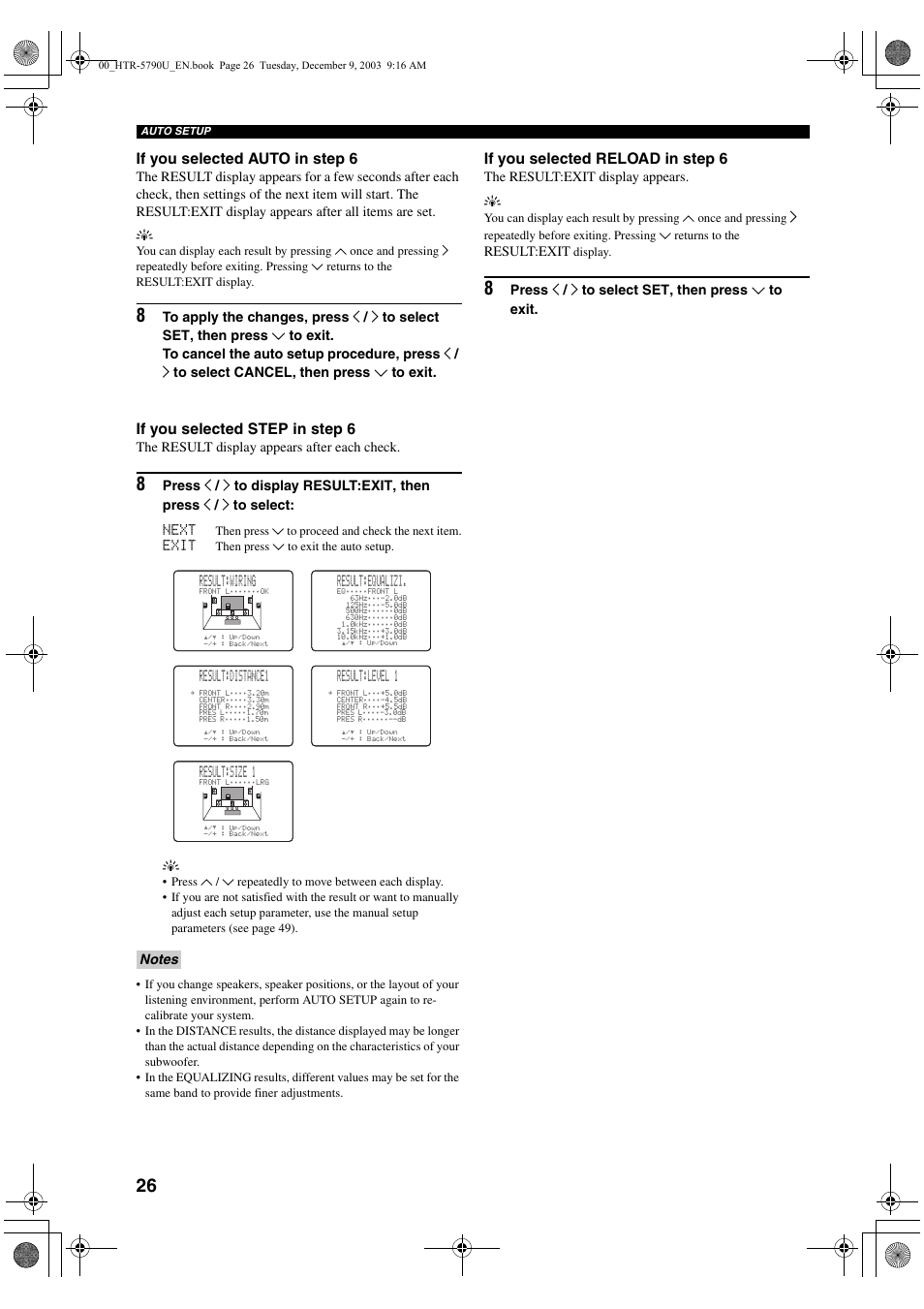If you selected auto in step 6, If you selected step in step 6, If you selected reload in step 6 | Result:wiring, Result:equalizi, Result:distance1, Result:level 1, Result:size 1 | Yamaha HTR-5790 User Manual | Page 30 / 90