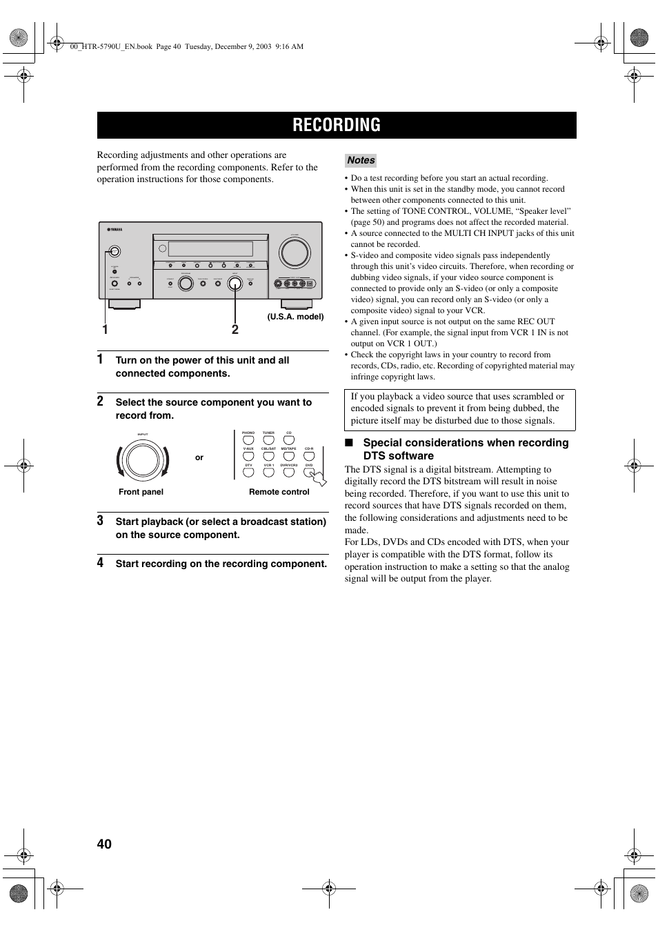 Recording | Yamaha HTR-5790 User Manual | Page 44 / 90