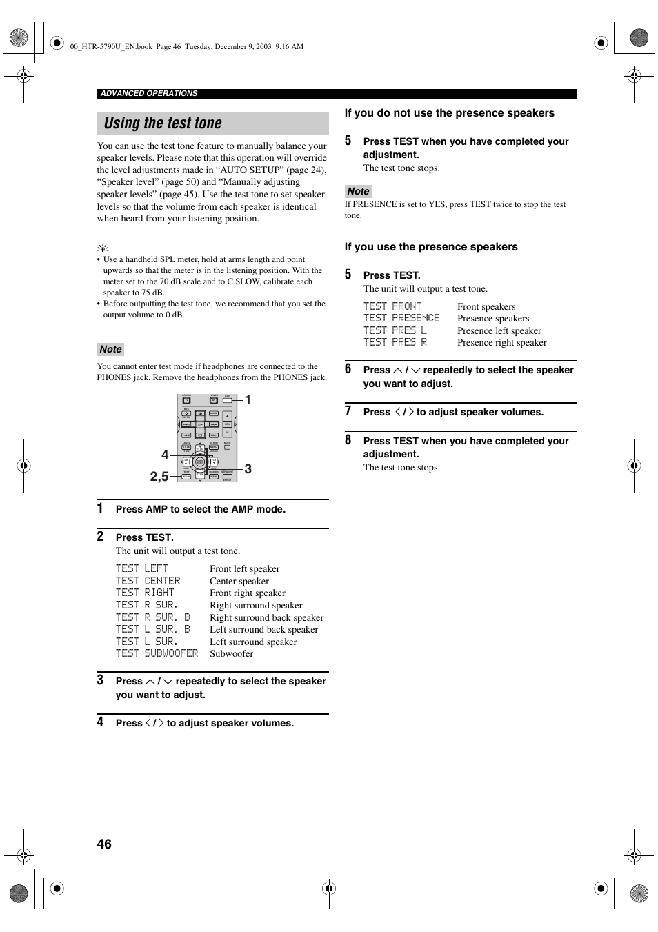 Using the test tone, If you do not use the presence speakers, If you use the presence speakers | Yamaha HTR-5790 User Manual | Page 50 / 90
