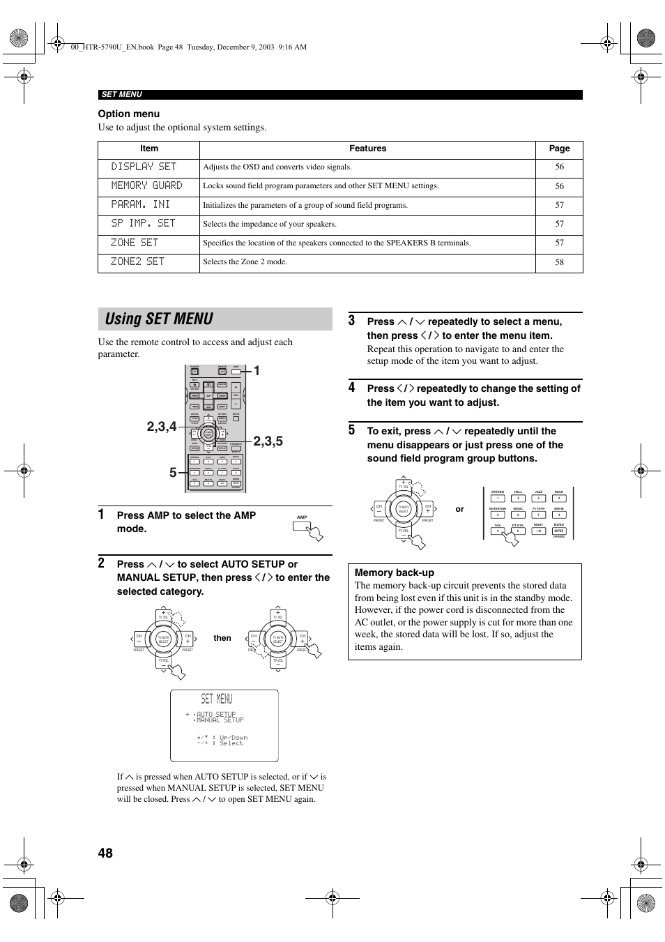 Using set menu, Set menu, Press amp to select the amp mode | Display set, Param. ini, Sp imp. set, Zone set, Zone2 set, Item features page, Adjusts the osd and converts video signals. 56 | Yamaha HTR-5790 User Manual | Page 52 / 90