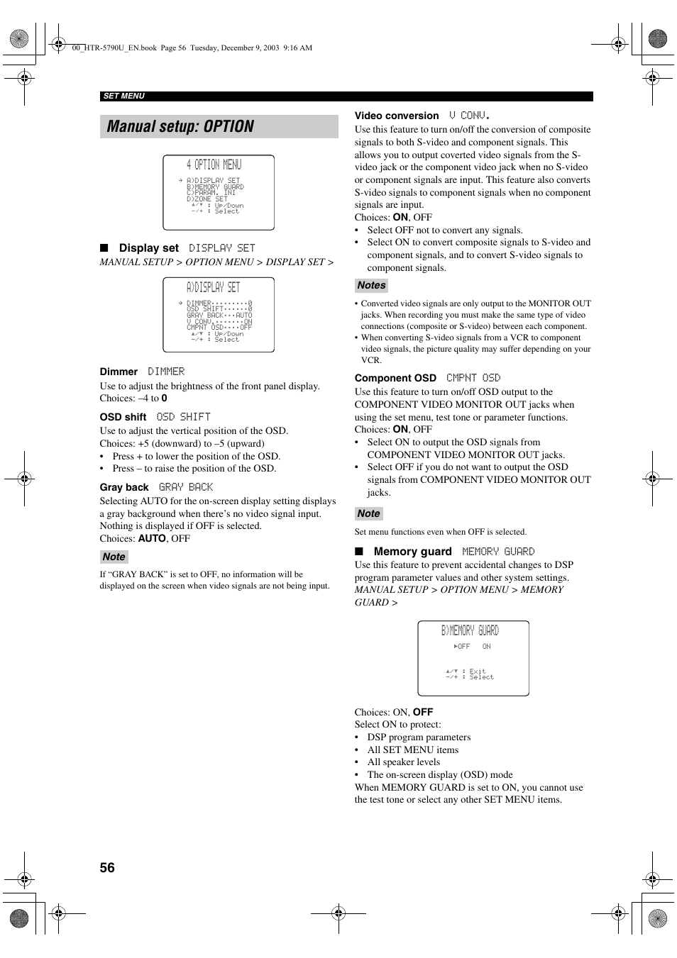 Manual setup: option, 4 option menu, A)display set | Yamaha HTR-5790 User Manual | Page 60 / 90