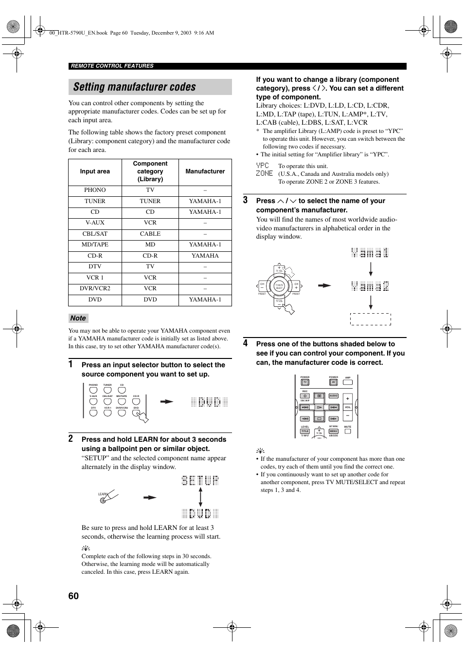 Setting manufacturer codes, Zone | Yamaha HTR-5790 User Manual | Page 64 / 90