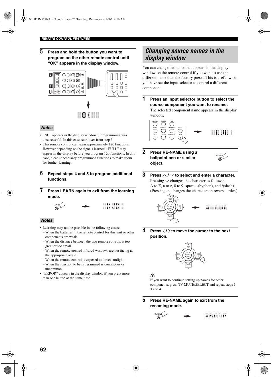 Changing source names in the display window, Press learn again to exit from the learning mode | Yamaha HTR-5790 User Manual | Page 66 / 90