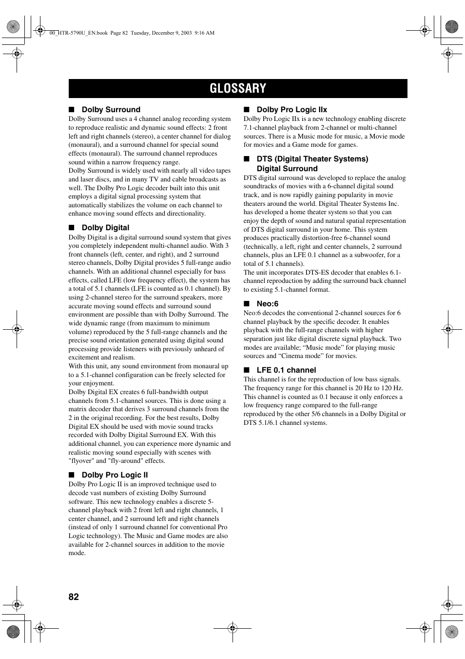 Glossary | Yamaha HTR-5790 User Manual | Page 86 / 90