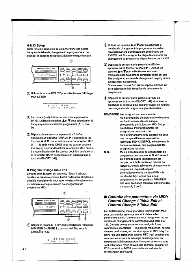 Midi setup, Program change table edit, Midi setup et program change table edit | Yamaha FX500B User Manual | Page 48 / 94
